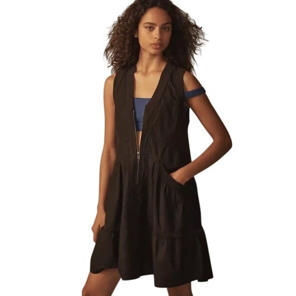 Daily Practice Anthropologie Black Half Zip Mesh Racerback Tiered Mini Dress XS